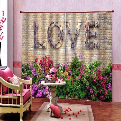 Custom 3D Beige Brick Wall alphabet "love "flowers Curtain For Living room Bedroom Blackout Drapes Cortina Sets 2 Panels Hooks