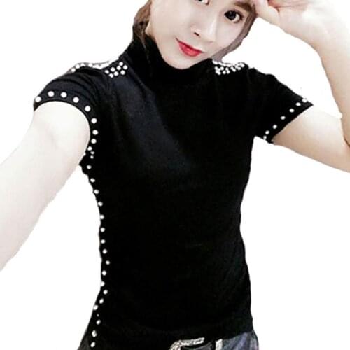 Plus size 5XL！fashion turtlenck beading short sleeve t-shirt women slim top tees