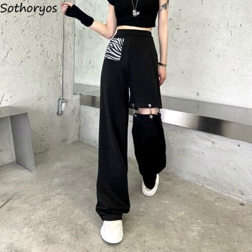 Zebra Striped Causal Pants Women Hip Hop Harajuku Fashion Hollow Out Baggy Wide Leg Trousers High Waist Unisex BF Summer Chic