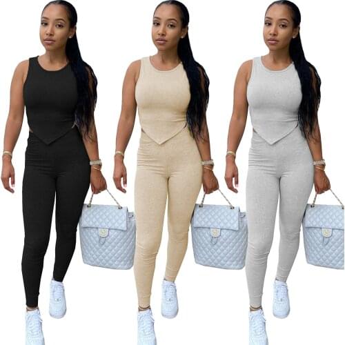 Echoine Solid Knitting elasticity Streetwear Casual Two Piece Set Women Sleeveless Tops Legging Pants Fitness Tracksuit Outfits