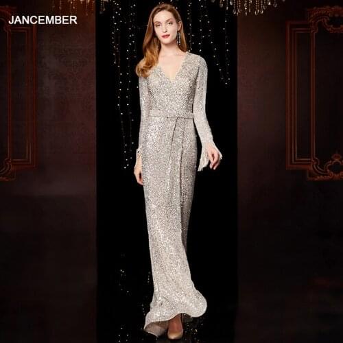 J1906 jancember long sequined evening dress deep v-neck long sleeve sashes zipper back graduation dresses kids estidos de noite
