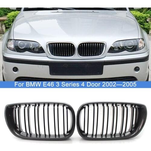 2Pcs Car Front Bumper Hood Kidney Grilles Double Slat Carbon Look Racing Grills Trim Cover For BMW 3 Series E46 4 Door 2002-2005
