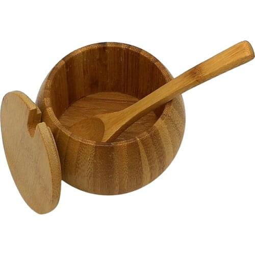 Bamboo Wooden Spice Jar Sugar Bowl Coffee Condiment Storage Box with Spoon