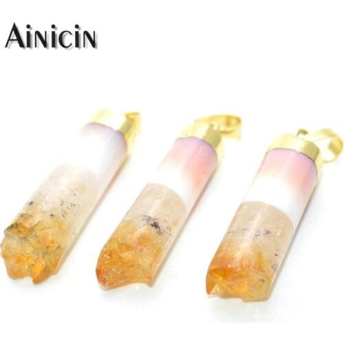 5pcs Yellow Color Natural Crystal Cylinder Pendants 10x44mm Semi-precious Stone Fashion Earring Making Findings