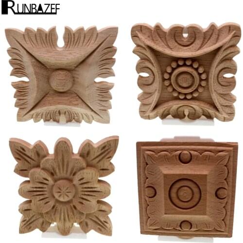RUNBAZEF Flower Carving Natural Wood Appliques For Furniture Cabinet Unpainted Wooden Mouldings Decal Decorative Figurines