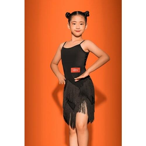 Latin Dance Practice Clothes For Kids Sling Fringe Skirt Girls Latin Training Tassel Dress Rumba Tango Samba Dancewear VO1121