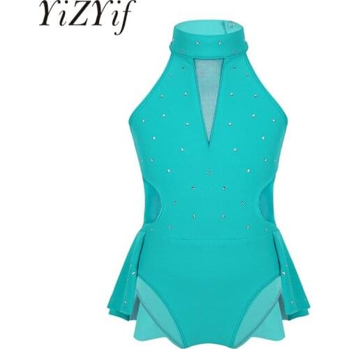 Girls Ballet Leotards Dress ballerina Sparkly Rhinestone Cutout Back Mesh Splice Leotard for Modern Contemporary Ballroom Dance