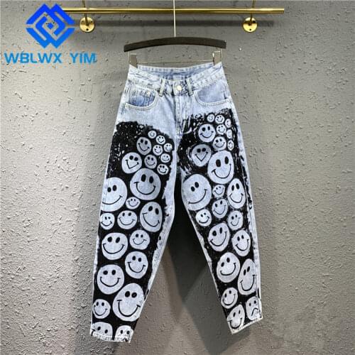 Fashion Graffiti Smiley Print Jeans Women Streetwear Loose High Waist Washed Jeans Womens Plus Size Casual Denim Harem Pants