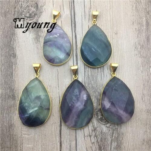 Faceted Teardrop Fluorite Pendant Charms, Crystal Fluorspar Necklace Pendants, MY1760