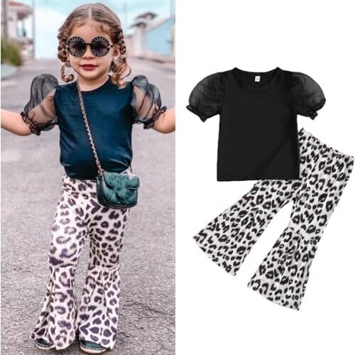 FOCUSNORM 2-7Y Summer Fashion Toddler Girls Clothes Sets Mesh Puff Sleeve Solid T Shirts Leopard Print Flare Pants