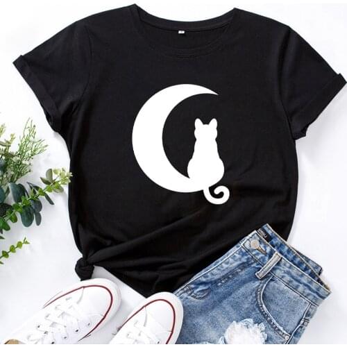 Moon Cat Background Print T-shirt Women Short-sleeved Cotton O-neck Women T Shirt Fashion Personality Harajuku Tee Shirt Femme