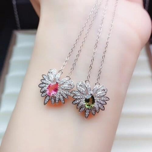Classic pink/green tourmaline necklace girl silver jewelry 925 sterling silver women birthday party gift natural gem scorpio gem