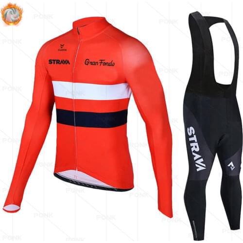 STRAVA Red Winter Thermal Fleece Cycling Jersey Set Maillot Ropa Ciclismo Keep Warm MTB Bike Wear Bicycle Clothing Cycling Set