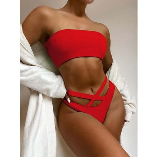 Sexy ribbed bandeau swimsuit women Hollow out bikini 2021 High cut swimwear women Sport solid beach wear Bathing suit Biquini