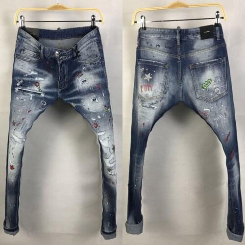 American Street Style Fashion Men Jeans Retro Blue Embroidery Beading Designer Ripped Jeans Men Printed Hip Hop Denim Punk Pants