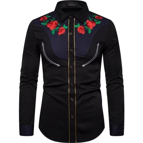Luxury Rose Floral Embroidery Shirt Men 2021 Brand Western Cowboy Button Up Shirt Mens Slim Fit Long Sleeve Dress Shirts Camisas