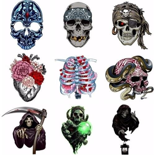 Pulaqi Punk Style Skull Iron-on Transfer Patch Heat Transfer Vinyl Clothing Bikers Sticker Cool Accessory For Coat DIY Decor H