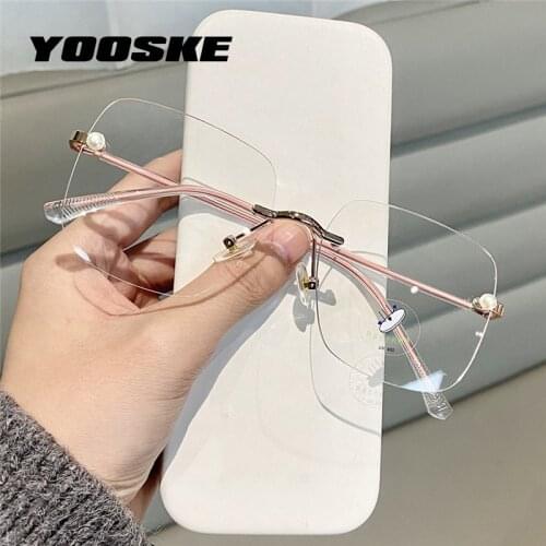 YOOSKE Rimless Pearl Square Glasses Frame Women Elegant Computer Eyewear Anti Blue Light Eyeglasses Frames Luxury Brand Design