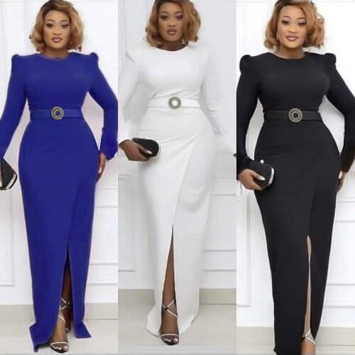 Autumn Womens Maxi Dress African Solid Color Slit High Waist Slim Pack Hip Professional OL Commuter Ladies Clothes