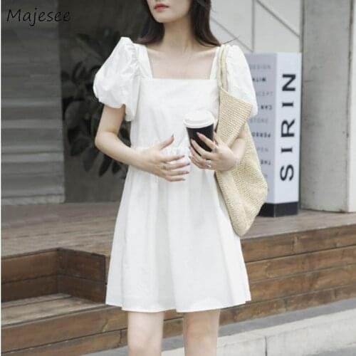 Dresses Women Square Collar A-line Kawaii Korean Style Pure Short Sleeve Mini Vestdios High-street Chic Fashion All-match Femme