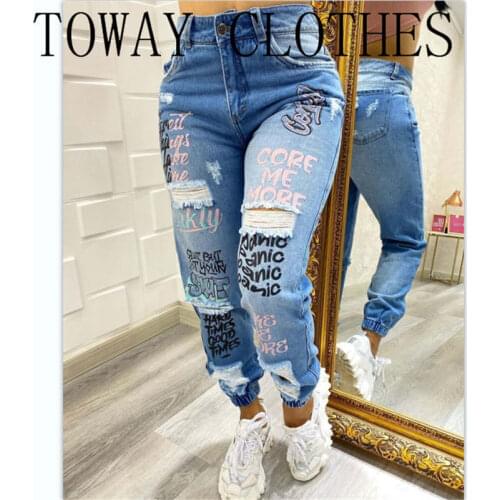 Letter Print Slant Pocket Ripped Jeans Denim Pants Casual Sexy Pants for Women 2021