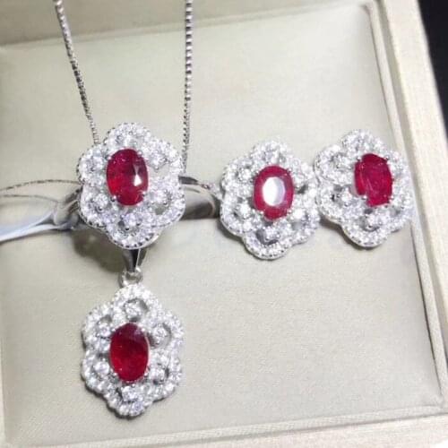 Ruby set Natural ruby Free shipping 1pair stud earring 1pc pendant 1pc ring 925 sterling silver 0.6ct*4pc gemstone #XY18060909