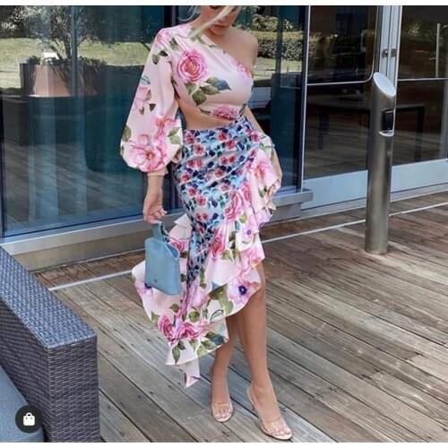 VAZN 2021 Spring High-end Retro Print Asymmetrical Sweet Young One Off Shoulder Full Sleeve Midi Skirts Skinny Women 2 Piece Set