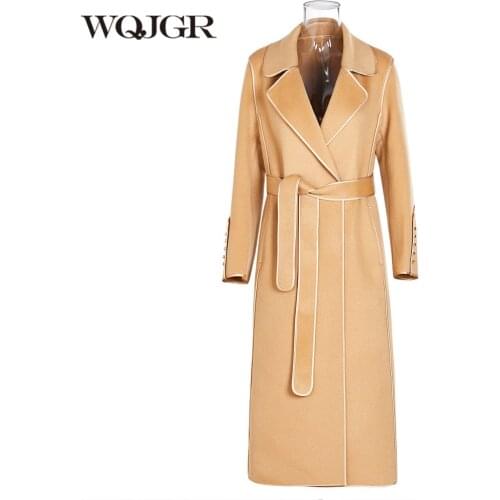 WQJGR High Quality 100% Wool Long Coat Women Turn-down Collar Sashes Full Sleeve Coat Women Fashion