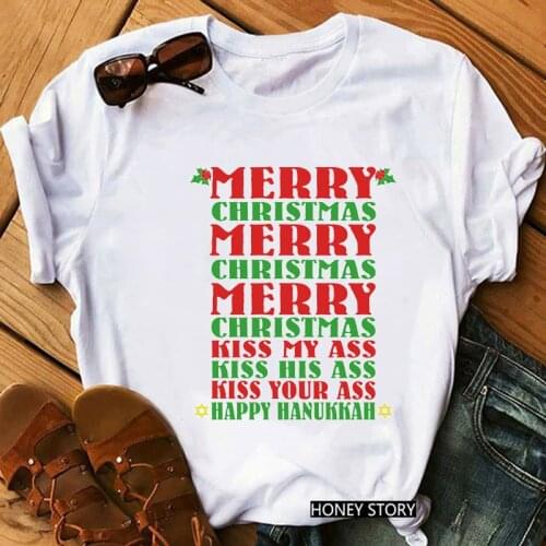 FIXSYS Merry Christmas Letters Print Female Tee Shirt Ulzzang Harajuku Santa Claus T Shirt Women/Men Suitable All Seasons Tops