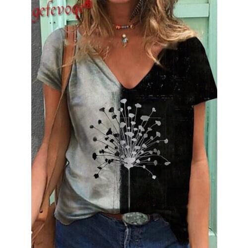 2021 Summer Lady Casual Fashion V-neck Loose T-shirt Women Dandelion Pattern Printing Clothes Female Street Harajuku Tops
