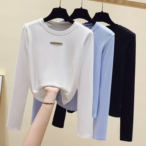 2021 Spring Top T Shirt Women Casual Long Sleeve T-Shirt Korean Style Woman Clothes Slim Basic Cotton Tshirt Female Blue White