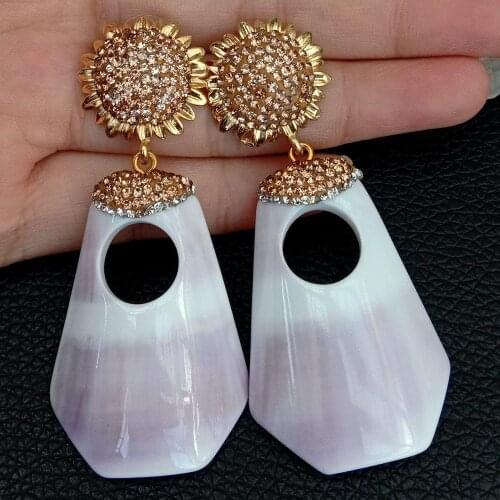 29x44MM natural Queen Conch geometric dangle Cz micro pave yellow gold color plated Stud Earrings career style for women