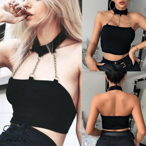 Punk Style Choker Halter Top Women Cami Backless Buckle Crop Top Fashion Sexy Slim Off-Shoulder Hollow Clubwear Lady Short Vest