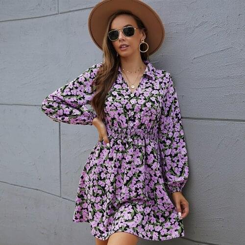 Khalee Yose Flower Printed Mini Dress Purple Autumn Chic Long Sleeve Dresses Women Boho Vintage Chic V-neck Ruffles Ladies Dress