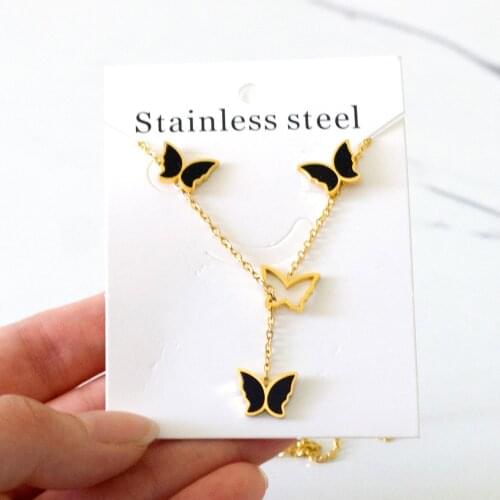 316L Stainless Steel Butterfly Black Shell Necklace and Earrings Set for Women Girl Pendant Jewelry Set Fashion Party Gift