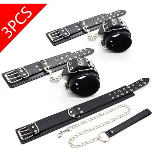 BDSM Sex Toys Black PU Leather Hand Cuffs Ankle Cuffs Slave Collar Fetish Bondage Restraints Kit For Couples Flirt Adult Games