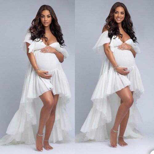 White High Low Pregnant Maternity Sleepwear Prom Dress Ruffle Chiffon Nightgowns For Photoshoot Lingerie Bathrobe Nightwear