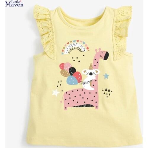 Children 2021 Summer Baby Girl Tee Tops Kids 2-7 Years Clothes Giraffes print Brand Cotton animal yellow T Shirt 52351