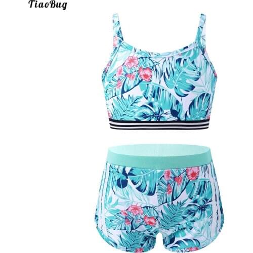 TiaoBug Kids Girls Tankini Activewear Outfit Sleeveless Crop Top With Bottoms Tracksuit Set For Gymnastics Swimming Fitness