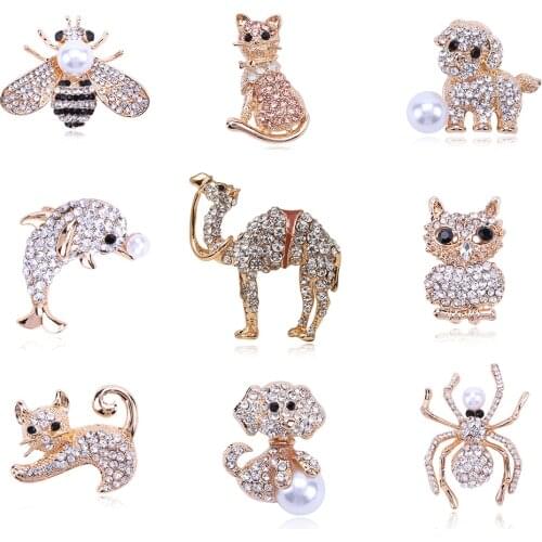 Classic Crystal Camel Cat Dog Bee Animal Rhinestone Brooch Pins Antique Gold Metal Scarf Pins Jewelry Gift Party Clothing Decors