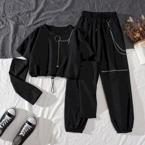 Tracksuit Two Piece Set Women Spring Autumn Harajuku Cargo Pants Handsome Cool Two-piece Suit Chain Long Sleeve+Ribbon Pants