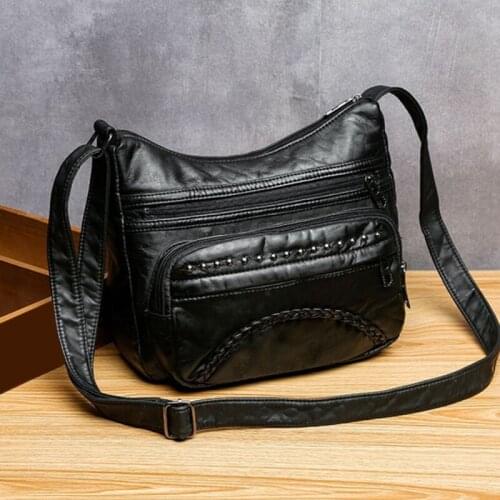 Fashion Women Crossbody Bag Black Soft Washed PU Leather Shoulder Bag Messenger Bag For Girls 2021