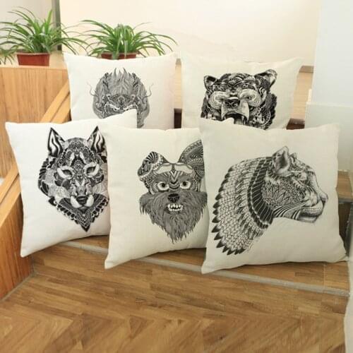 Hand Sketch Animal Print Pillow Cushion Cover Dragon Tiger Bear Decorative Pillows for Sofa Pillowcase Cover Woven Linen Fiber