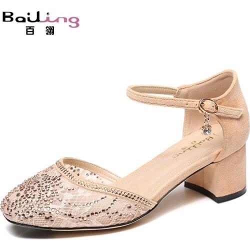 Chunky ankle strap lace rhinestone size 33 high heels crystal shoes women 2019 square toe pumps diamond ladies korean luxury