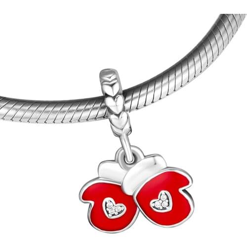 Fits for Pandora Charms Bracelets Festive Glove Beads with Berry Red Enamel 100% 925 Sterling-Silver-Jewelry Free Shipping
