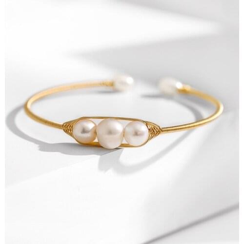 Freshwater Pearl Bracelet for Women Opening Adjustable Unique Gold Color Metal Twine Jewelry 2020 New Fashion Bangle Bracelets
