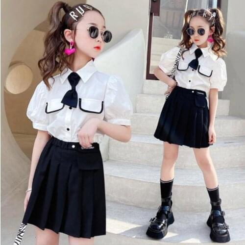 Cultiseed Girls Summer Tie Turn Down Collar Puff Sleeve Shirts+Pleated Dress 2pc Sets Clothing Big Children Students Casual Gown