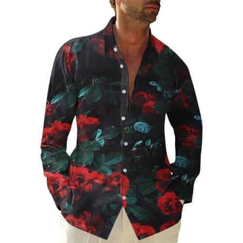Rose Printed Long Sleeve Shirts Mens Retro Harajuku Turn-down Collar Camicias Autumn Korean Long Sleeve Kimono Buttons Рубашка