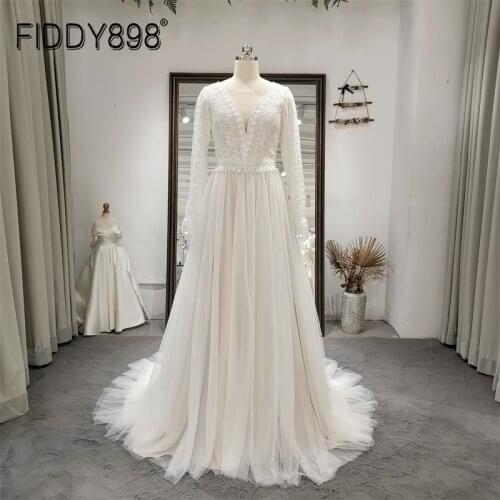 FIDDY898 Boho Beach Bridal Gown Long Sleeves Custom Backless Robe V Neck Dress Wedding Dresses for Bride Vestido De Novia