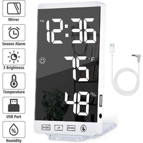 LED Mirror Smart Alarm Clock Wall Digital Clock Touch Desk Clock with Time Temperature Humidity Display and USB Charger Ports